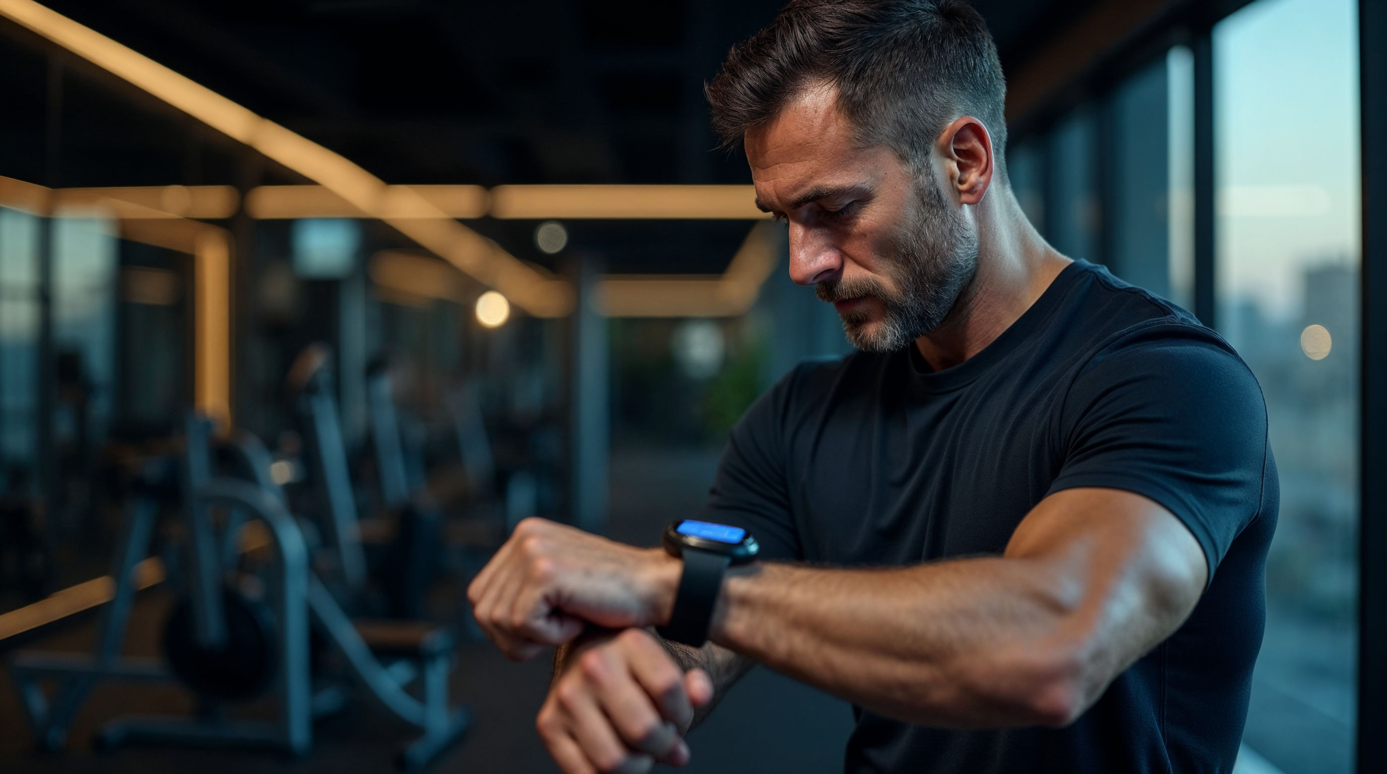 Fokussierter Unternehmer prueft HRV auf Fitness-Smartwatch im Private Gym Adliswil