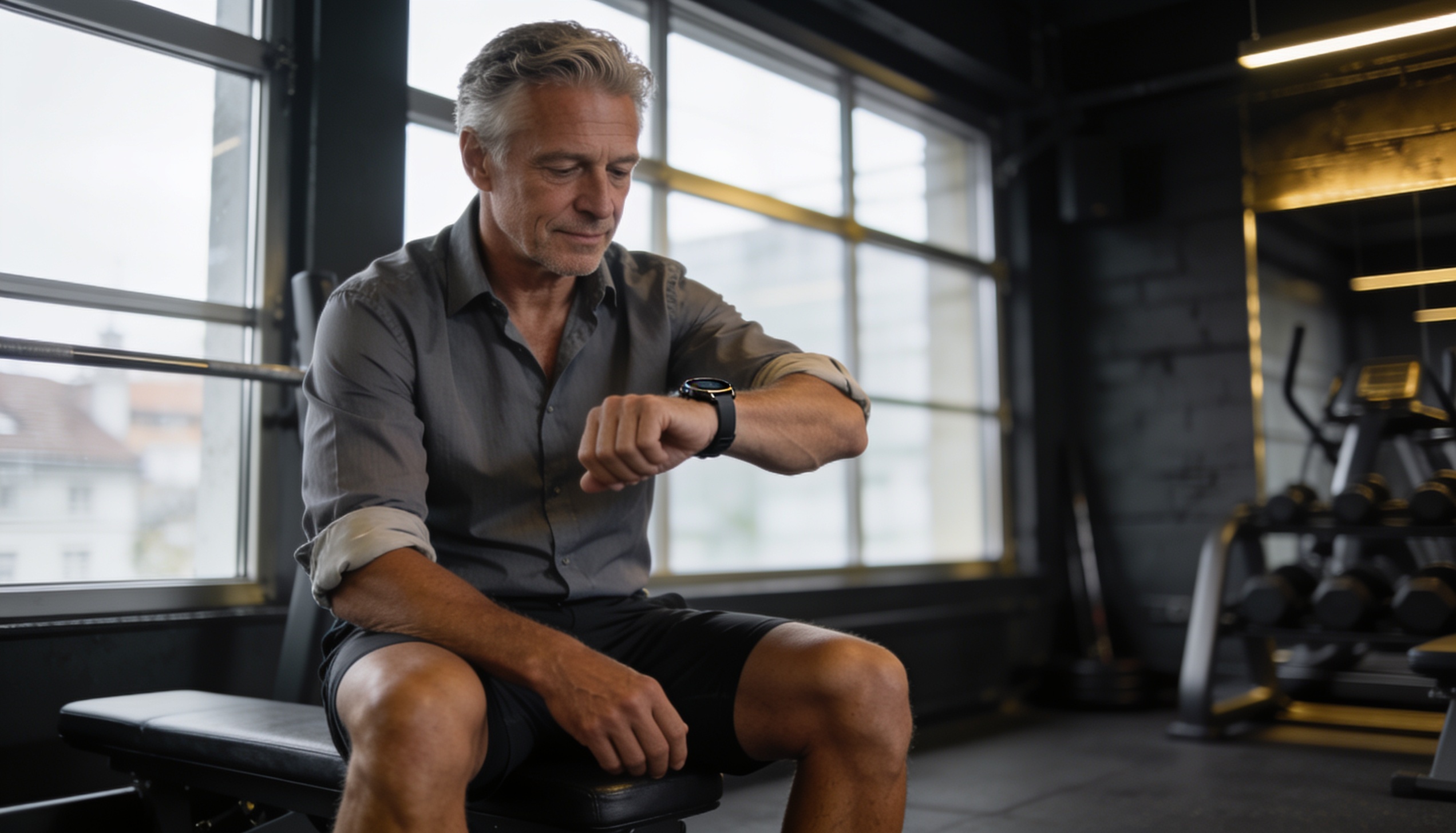 Unternehmer prueft Fitness-Tracker nach Ausdauertraining in Adliswil bei Zuerich