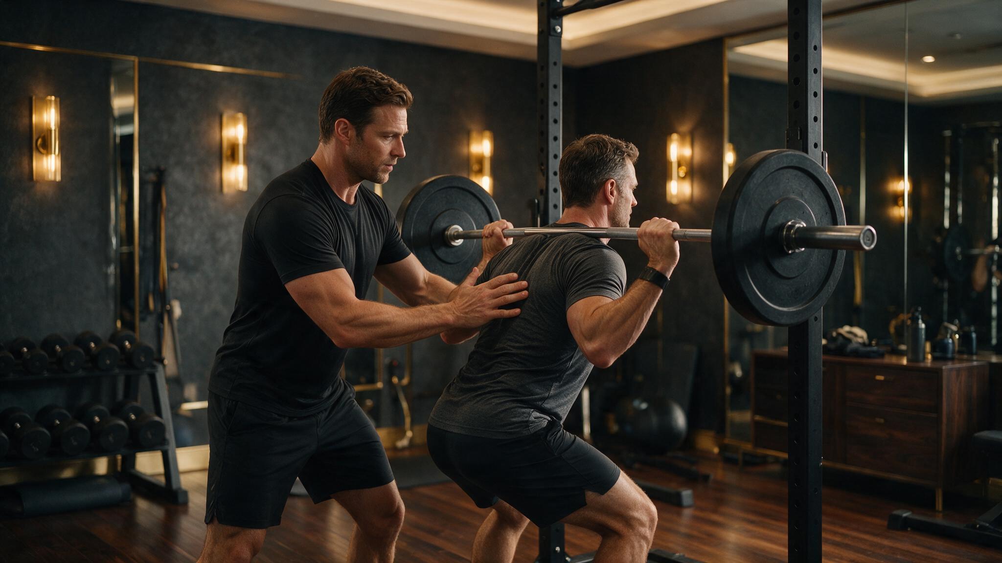 Personal Trainer coacht Führungskraft bei der Kniebeuge im Private Gym Adliswil