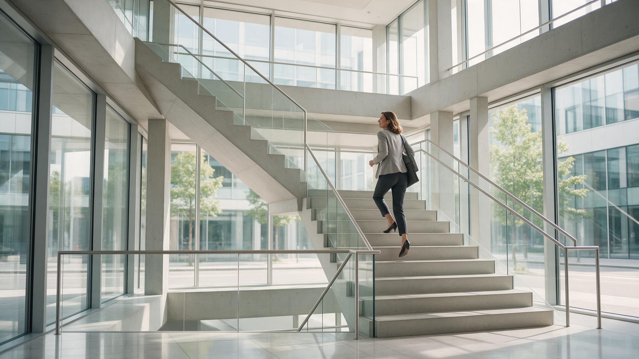 Unternehmerin nimmt die Treppe als Bewegungs-Snack im Büroalltag – Schritte pro Tag, Adliswil Zürich