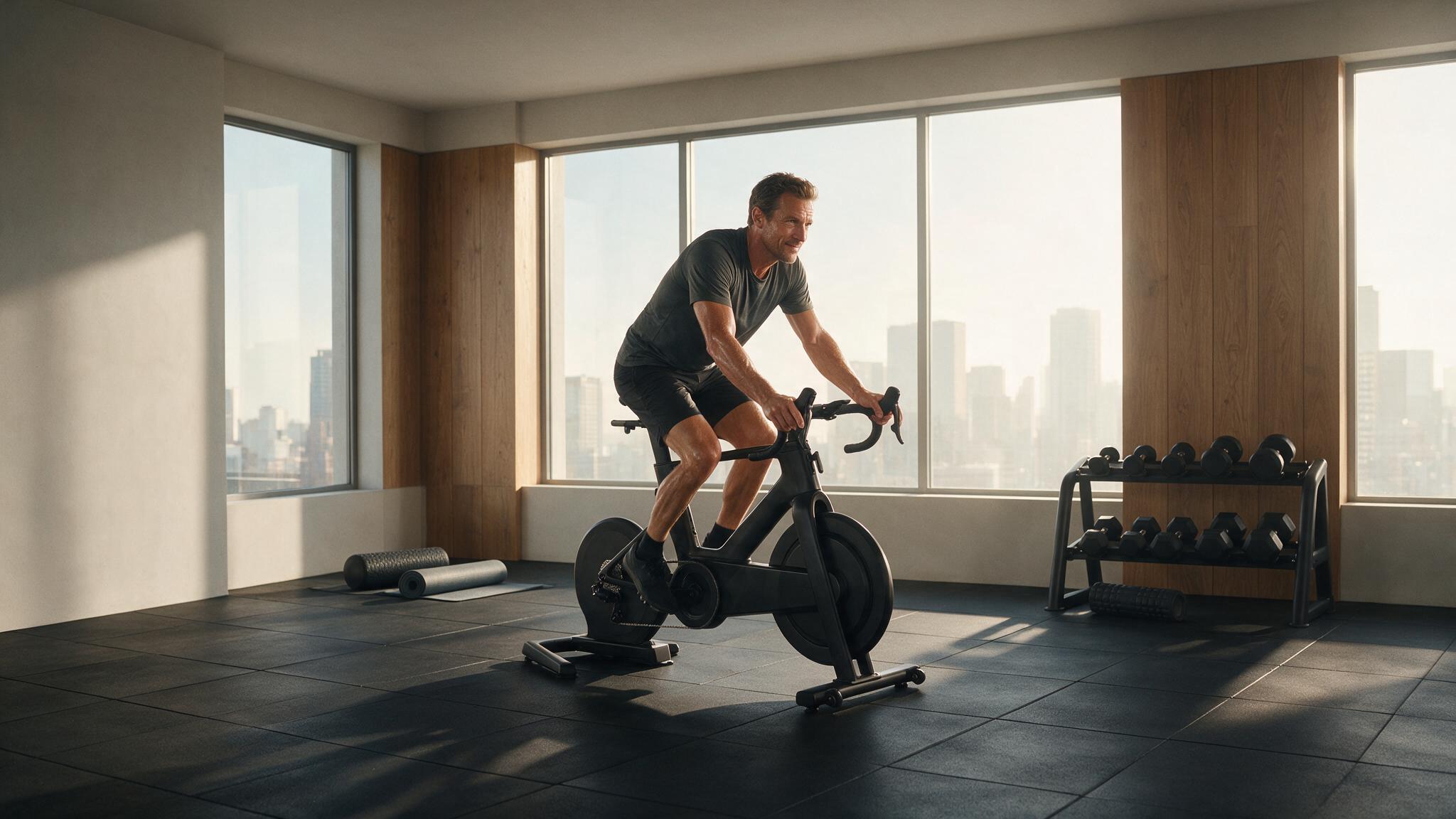 Unternehmer beim lockeren Zone 2 Cardio auf dem Ergometer im Private Gym in Adliswil