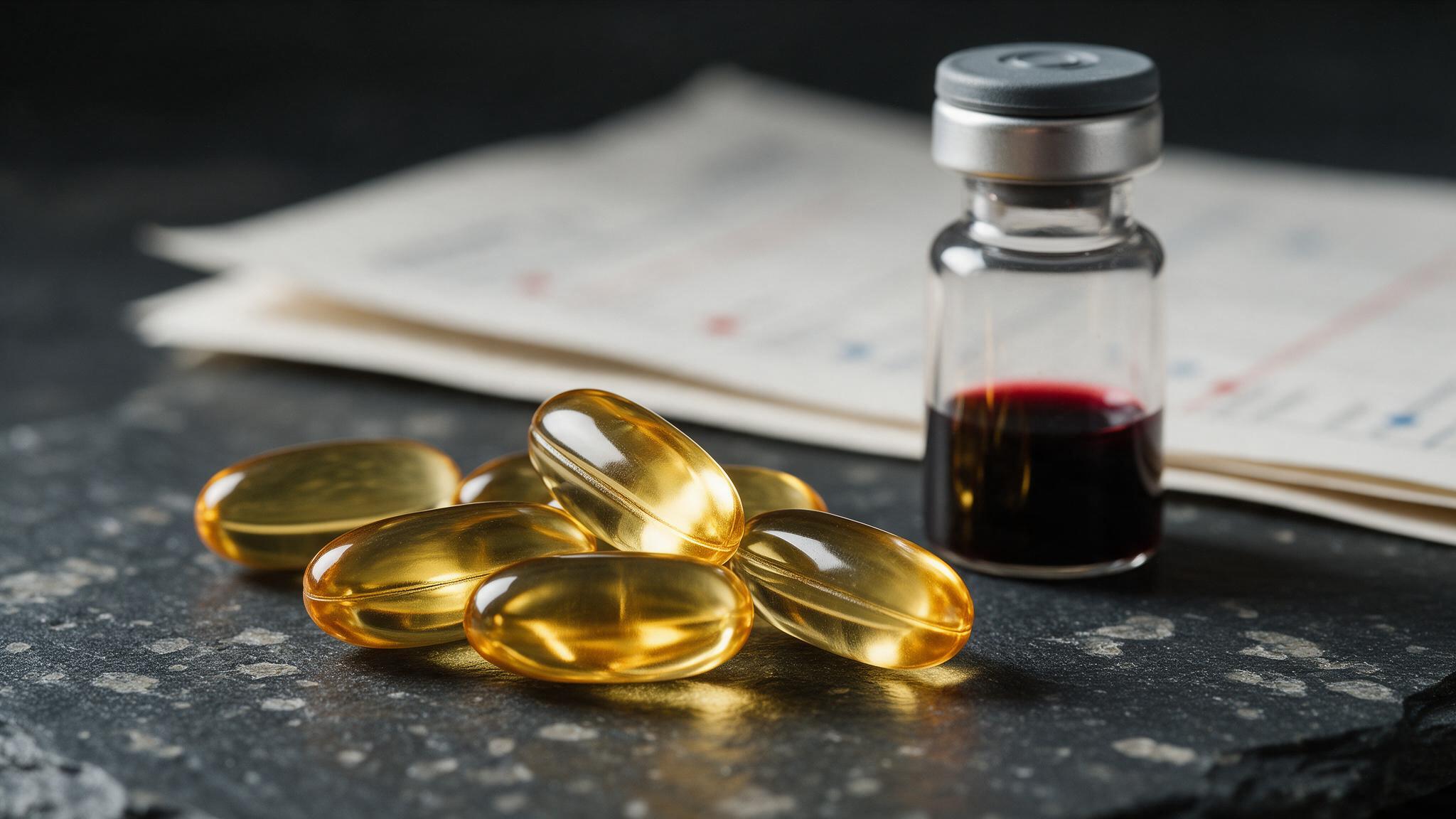 Omega-3 Kapseln neben Blutprobe und Laborbefund - Omega-3-Index messen statt raten, Adliswil