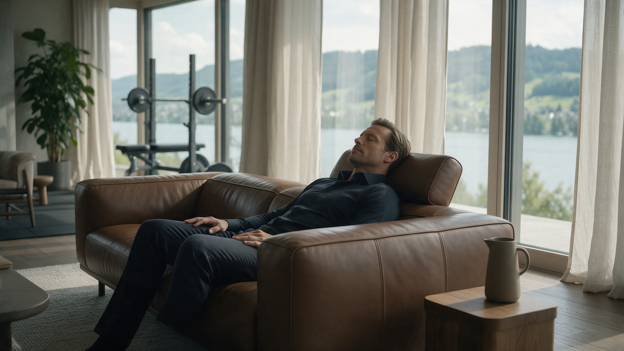 Unternehmer macht Power Nap in der Lounge des Private Gym Adliswil, Zürich
