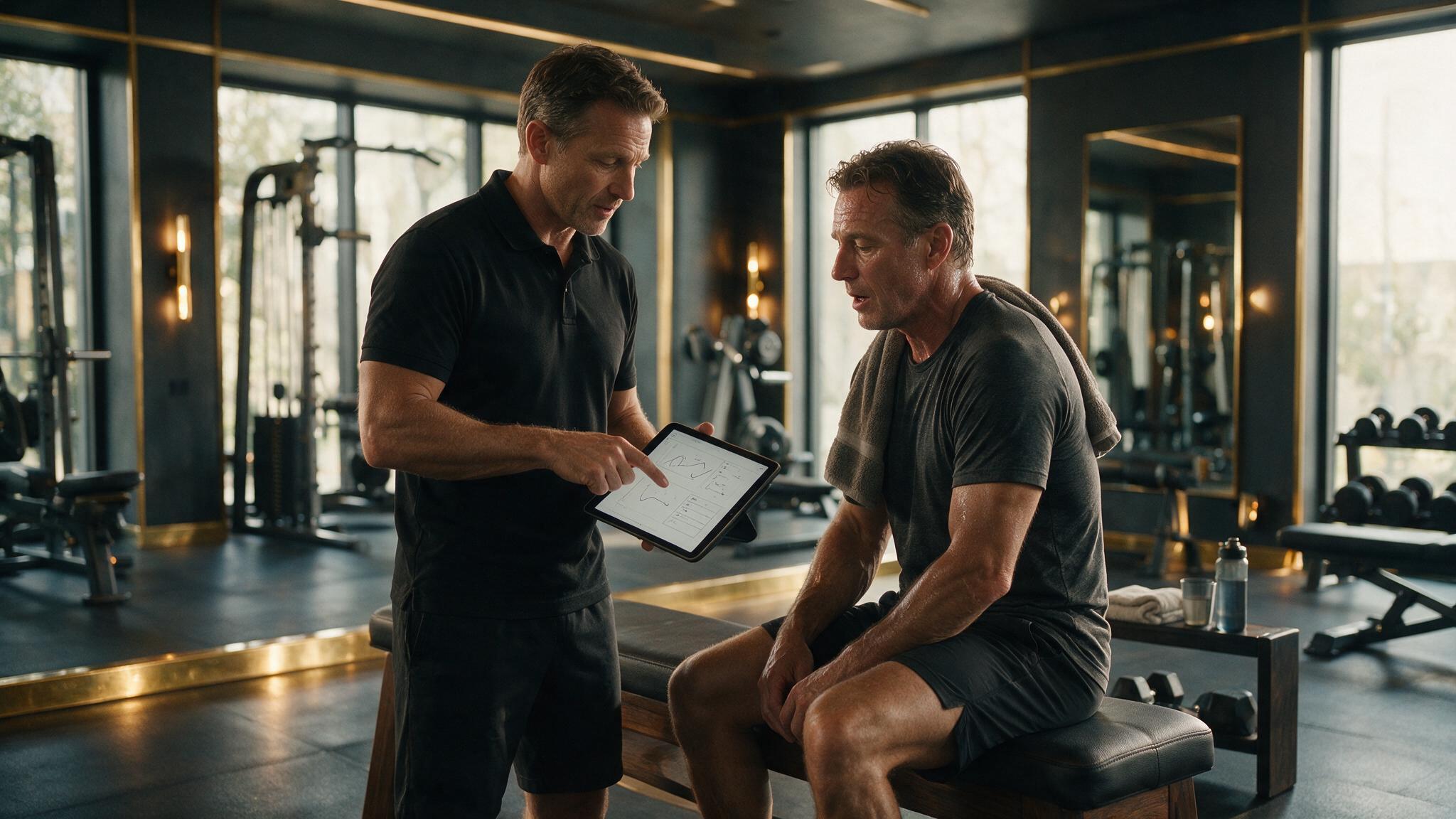 Coach von Progressive Sports kontrolliert die Trainingsintensität einer Führungskraft in Adliswil