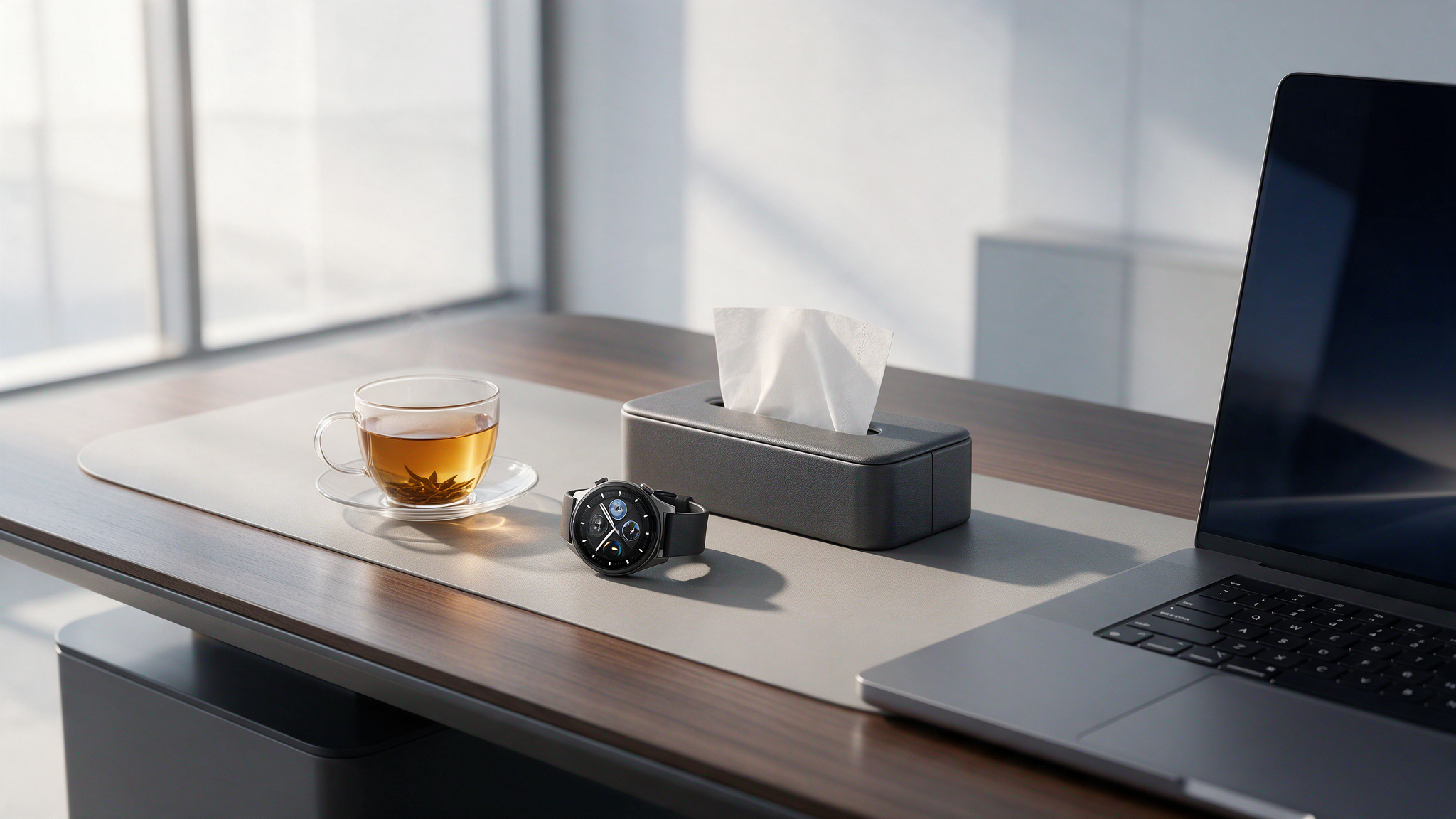 Executive-Schreibtisch mit Tee und Smartwatch in der Erkältungssaison, Zürich Süd