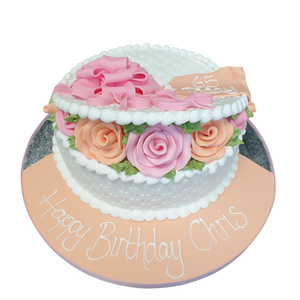 A stunning 8-inch cake featuring a beautiful basket of roses design, perfect for adding a touch of elegance to any special occasion in the UK.