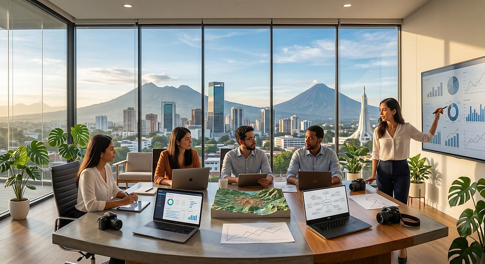 Grupo de personas en una oficina con vista a la ciudad, representando agencias de marketing digital en El Salvador.
