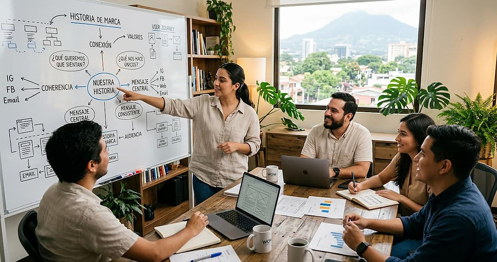 Un grupo de personas en una sala de reuniones, discutiendo frente a un pizarrón, representando agencias de marketing digital en El Salvador.
