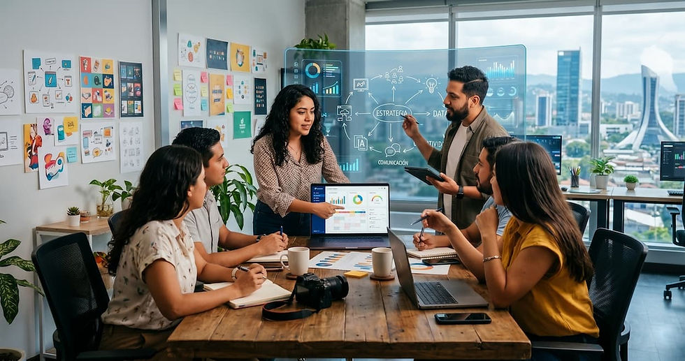 Grupo de personas sentadas alrededor de una mesa con una laptop, discutiendo estrategias de marketing digital en El Salvador.