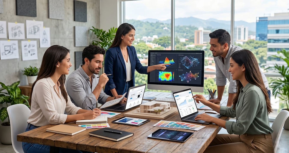 Grupo de personas sentadas alrededor de una mesa con laptops, colaborando en estrategias de marketing digital en El Salvador.