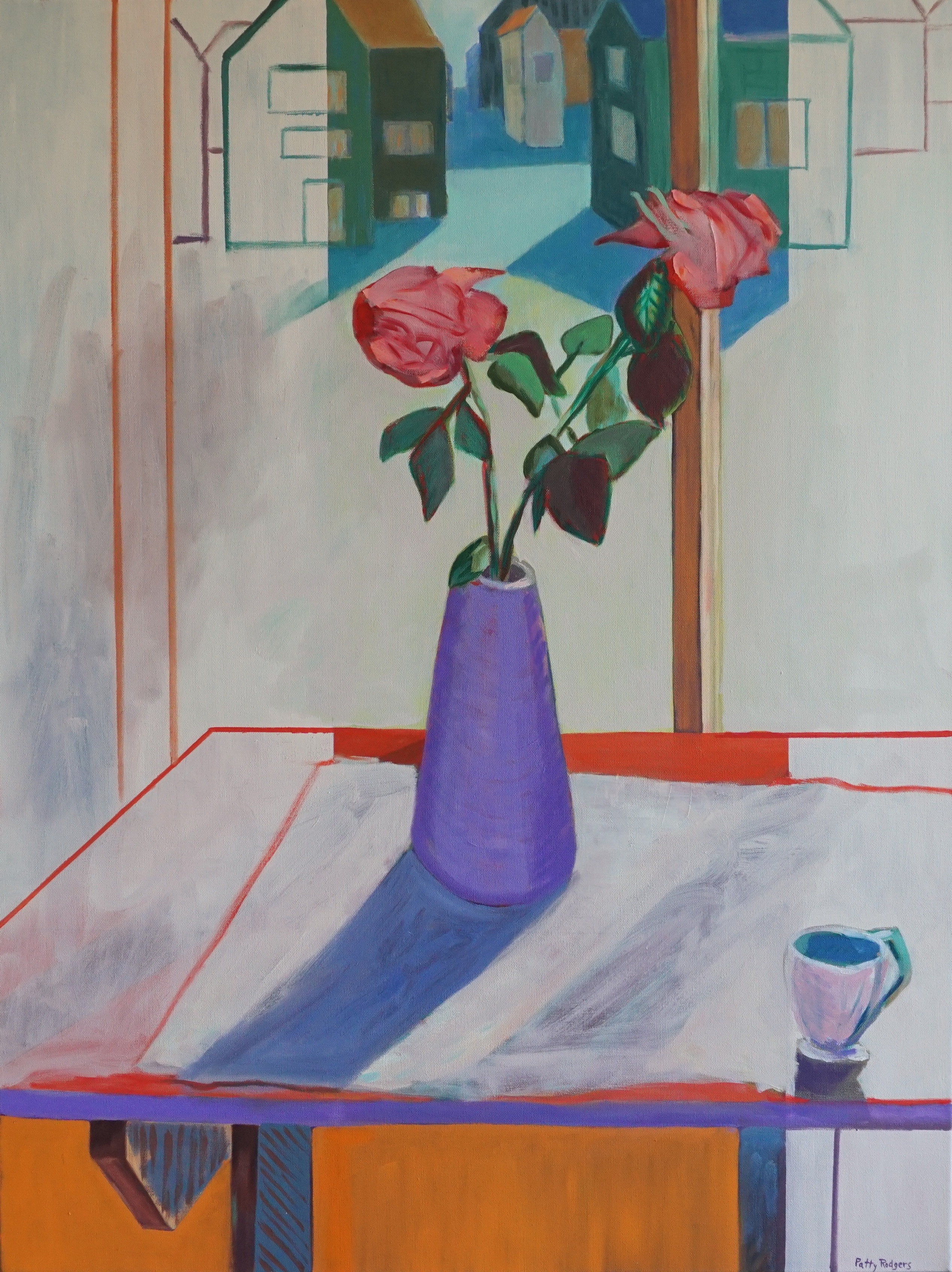 White light distorts the distant houses, softening them into shifting shapes, while abstract lines define the interior space. Against this blurred, luminous world, the roses remain detailed and clear—a quiet study of contrast between distortion and precision, interior structure and the view beyond.