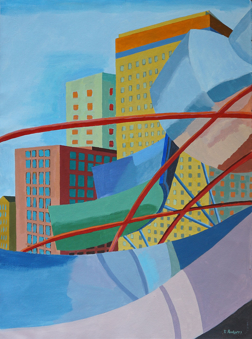 Band Shell with Gold Building, ac on paper, 22 x 30