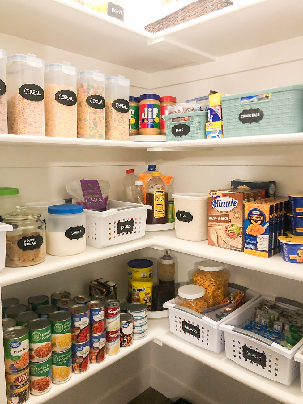 Corner of an organized pantry with repurposed containers