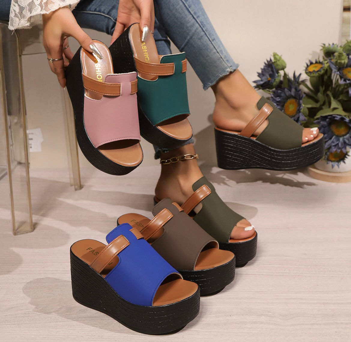 Women's Summer Wedge Platform Slides Color Block