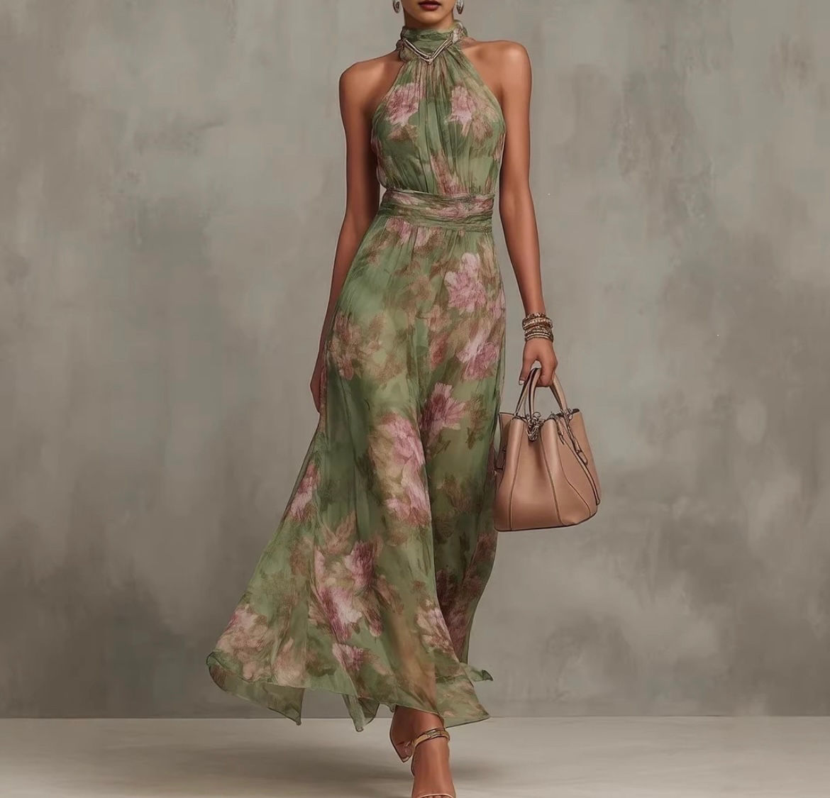 Women Floral Printed Halter Maxi Dress Ruffle Ruched Bodycon Split Hem Sexy
