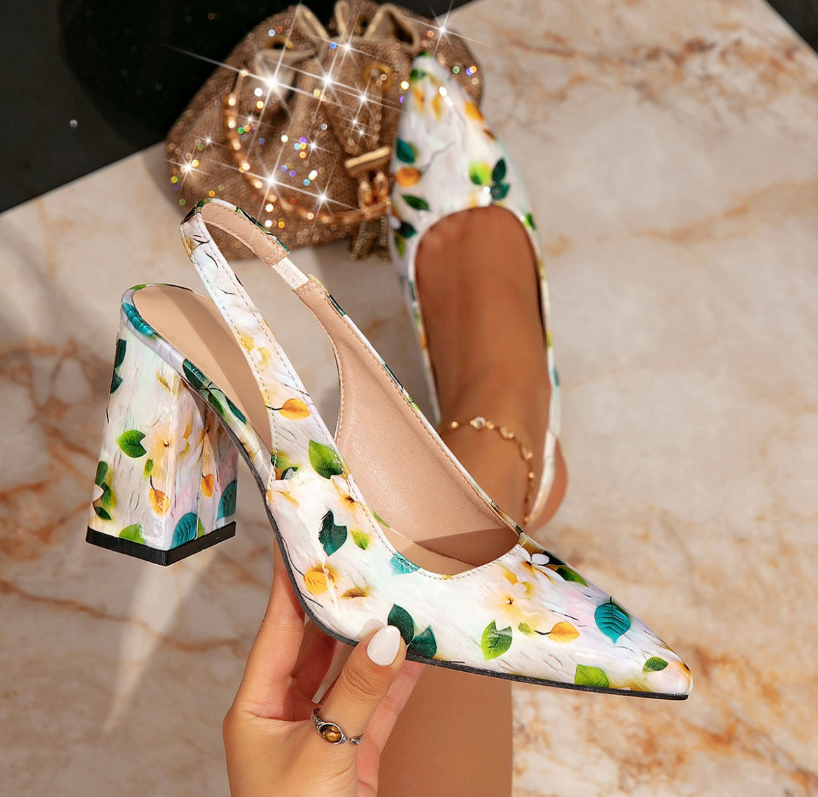 French Style Women Pointed Toe Block Heel Slingback Sandals