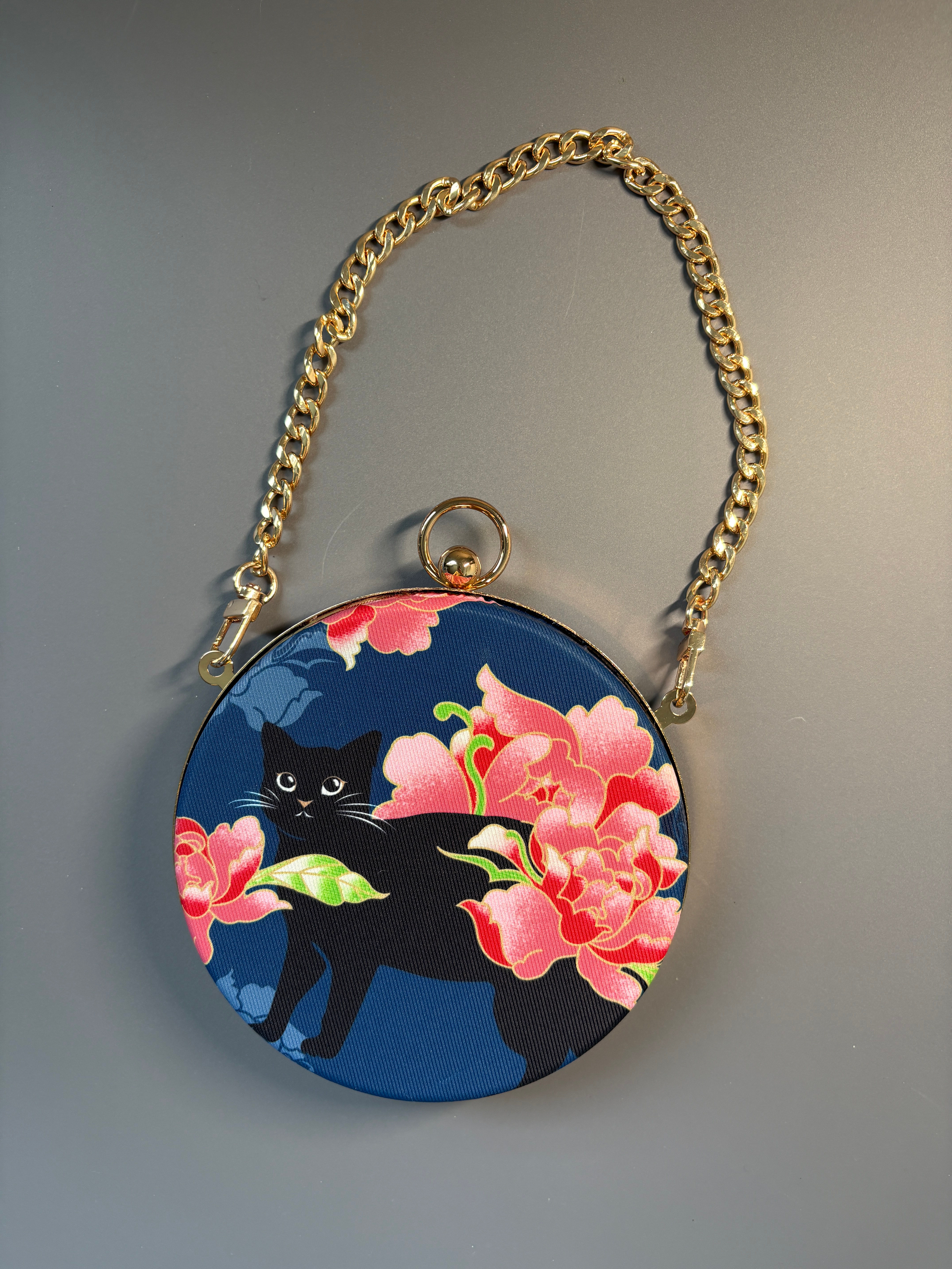 Fabric Art Clasp Bag - Midnight Peony Cats