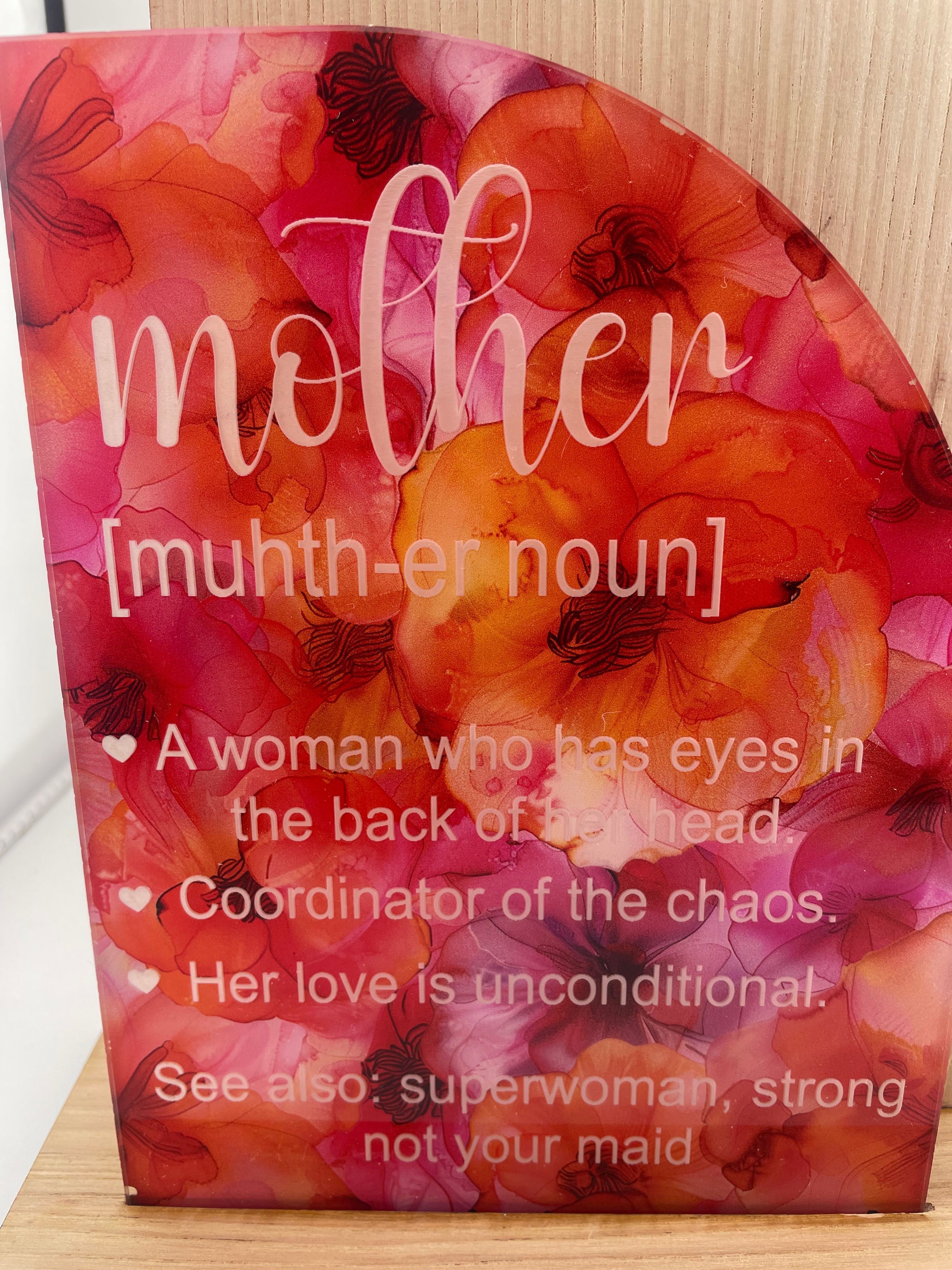 Half-Arch Acrylic & Wood Sign – “Mother” Definition Display