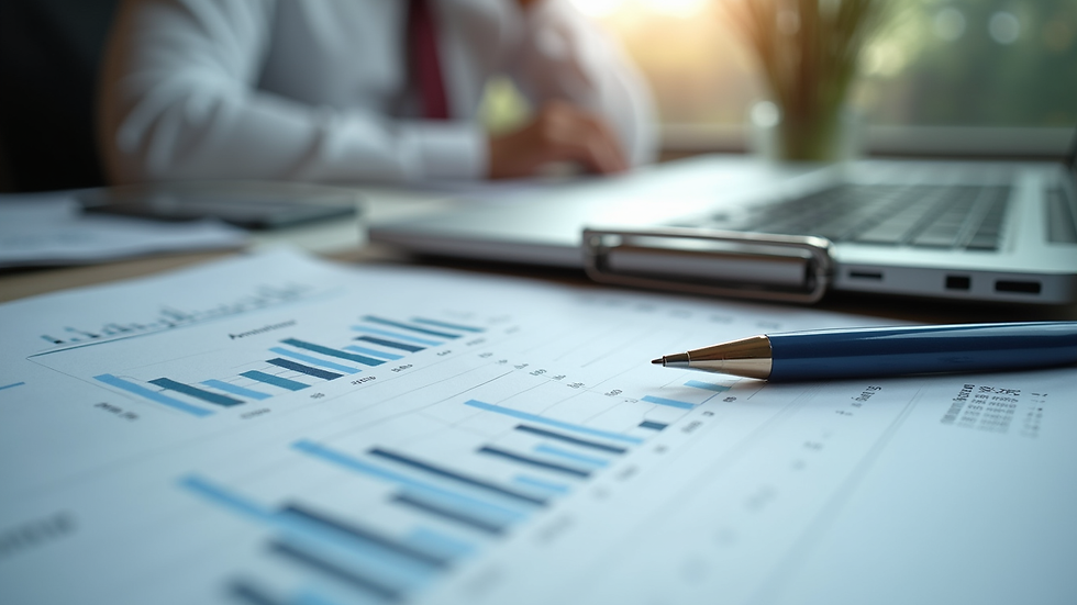 Eye-level view of a financial planner's desk with investment charts and reports