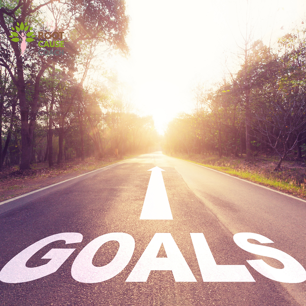 Road with "GOALS" and arrow, sunlit forest background. Bright and motivational atmosphere. Logo with a tree and text in the top left corner.