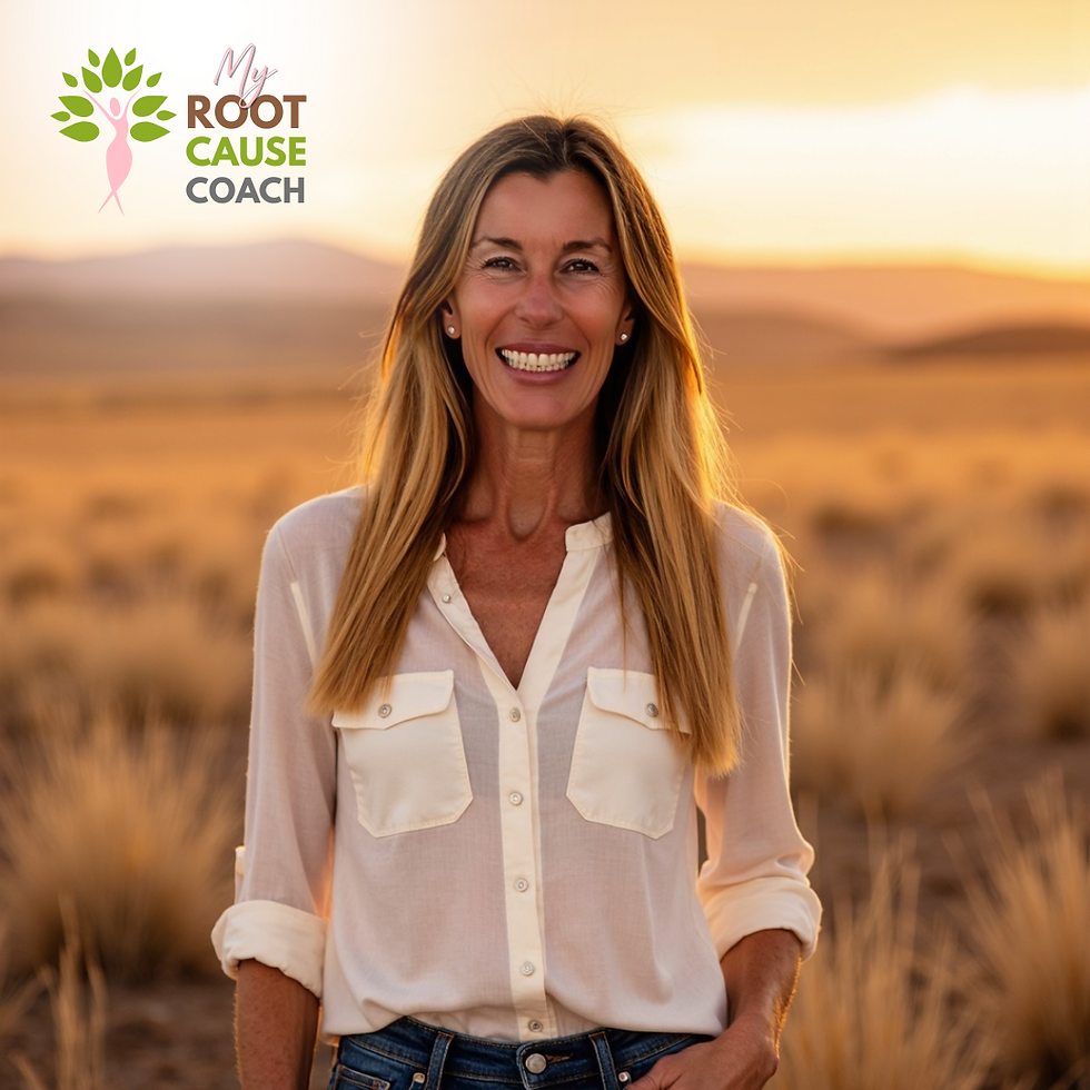 Smiling woman in white blouse and jeans stands in a golden desert at sunset; My Root Cause Coach logo at top left.