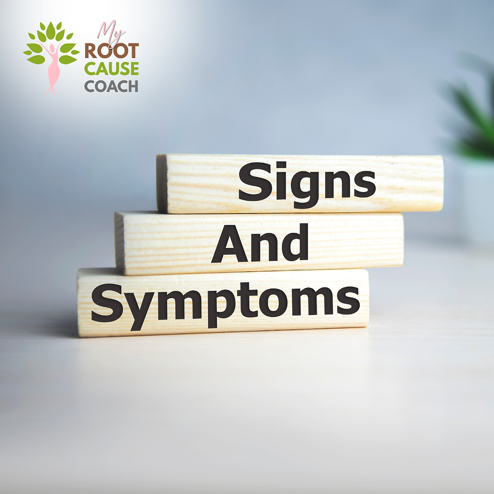 Wooden blocks stacked with Signs And Symptoms text, plus My Root Cause Coach logo on a soft blue background.