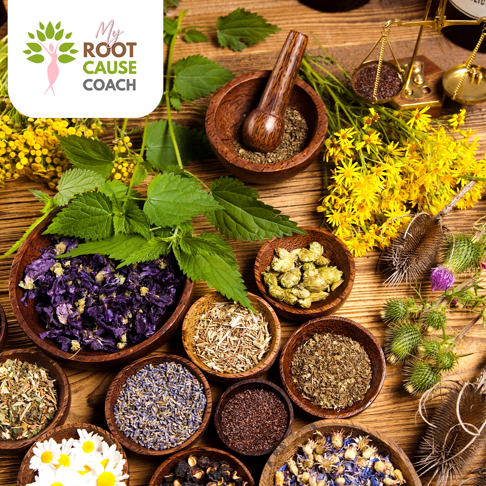 Bowls of herbs and flowers on a wooden table with a mortar and pestle. Bright yellow flowers and various green leaves are visible. Logo: My Root Cause Coach.