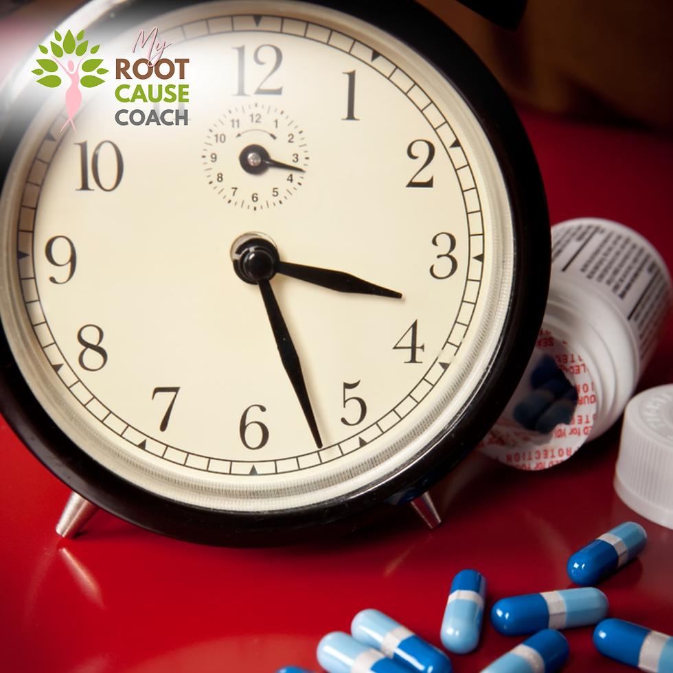 A black alarm clock showing 5:55, tipped medicine bottles, and blue-white capsules on a red surface. "My Root Cause Coach" logo in corner.