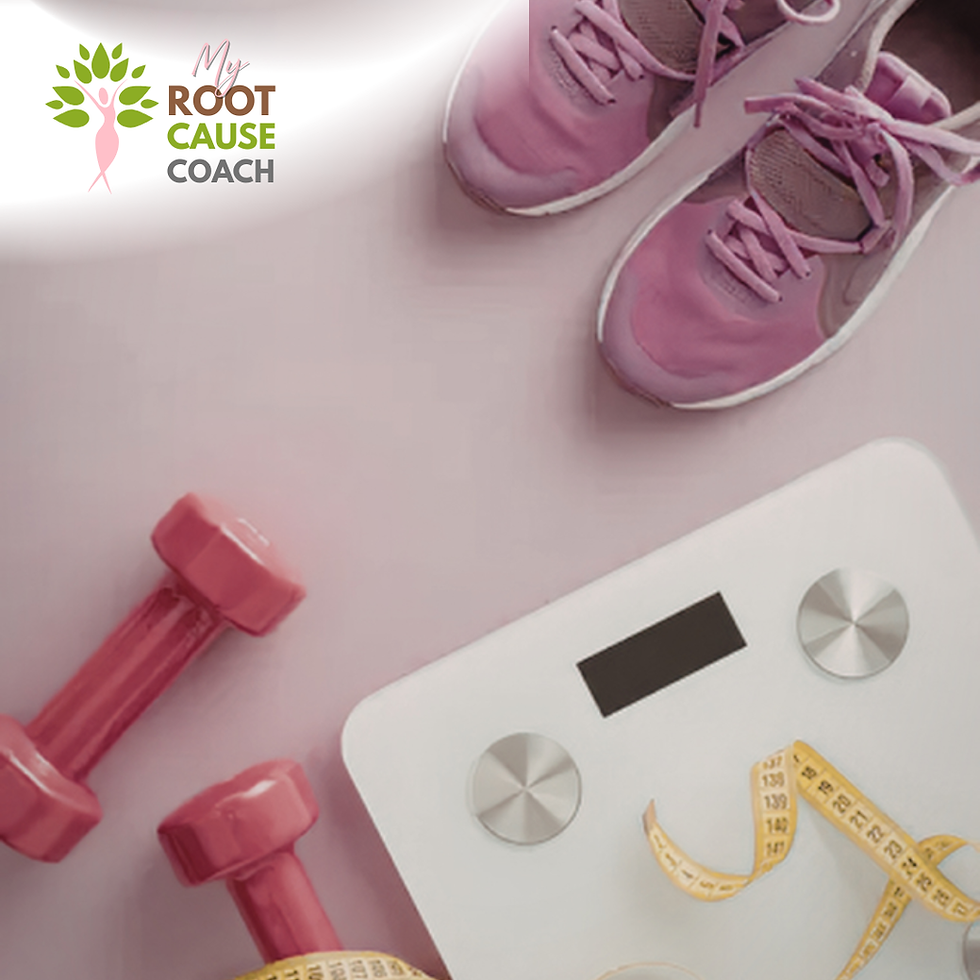 Pink sneakers, red dumbbells, a scale, and a measuring tape on a pink background. "My Root Cause Coach" logo in the top left corner. Why You’re Gaining Weight Even When You’re “Doing Everything Right” blog article