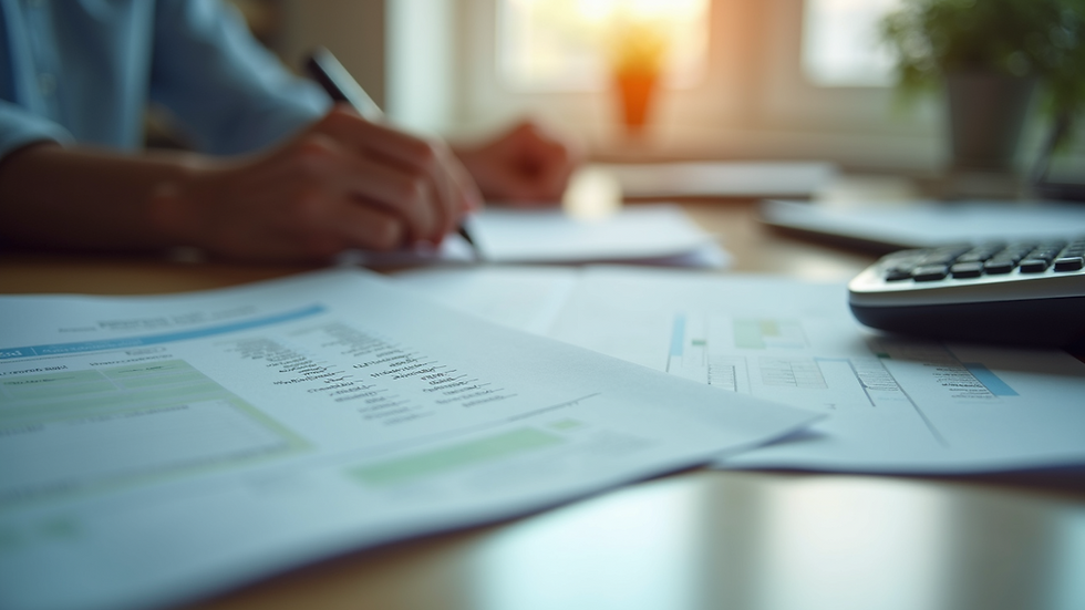 Eye-level view of a neat office desk with payroll documents and a calculator