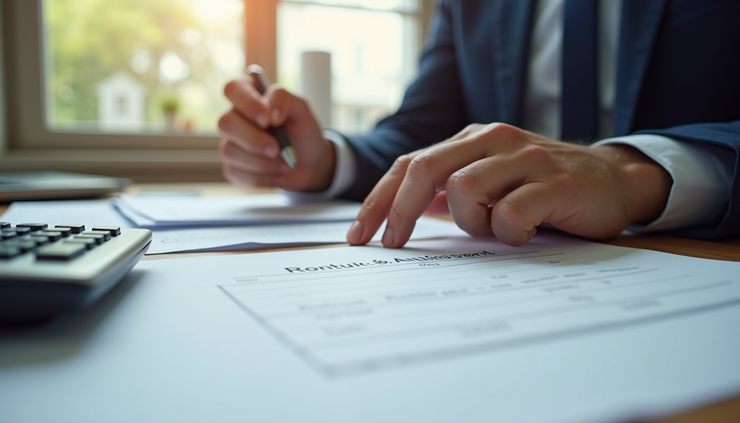 Eye-level view of a landlord reviewing rental documents at a desk
