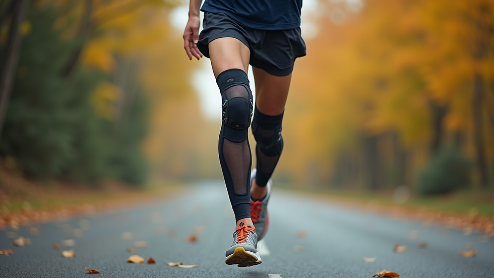 High angle view of a person wearing knee braces while running