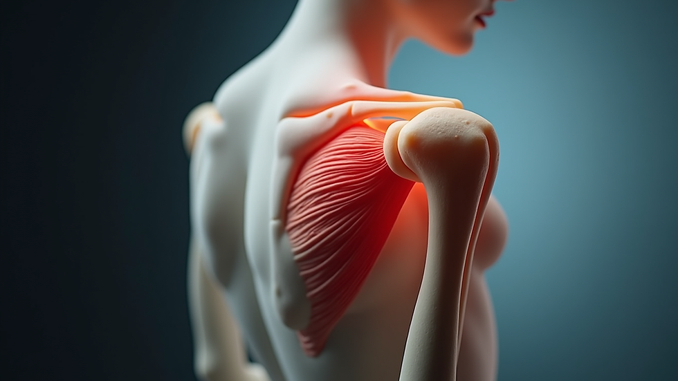 Eye-level view of shoulder joint model highlighting rotator cuff muscles