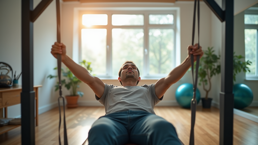 Eye-level view of physical therapy session with exercise equipment
