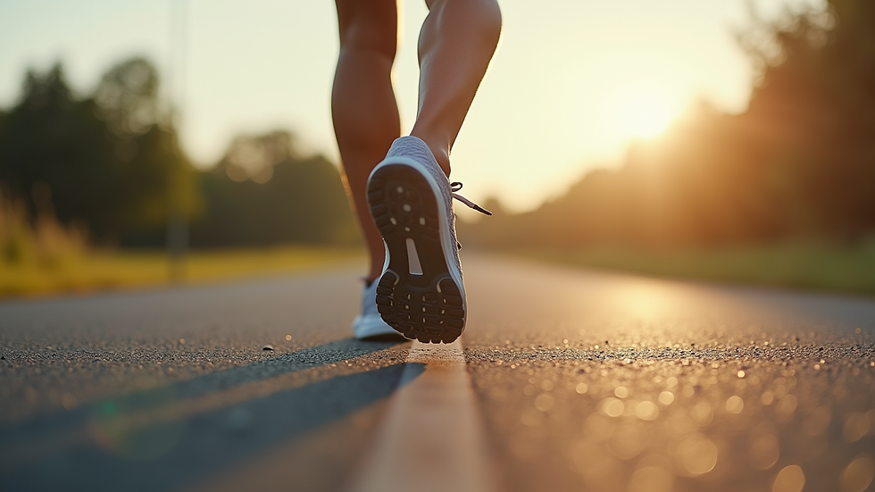Close-up view of a runner’s feet hitting the pavement during training