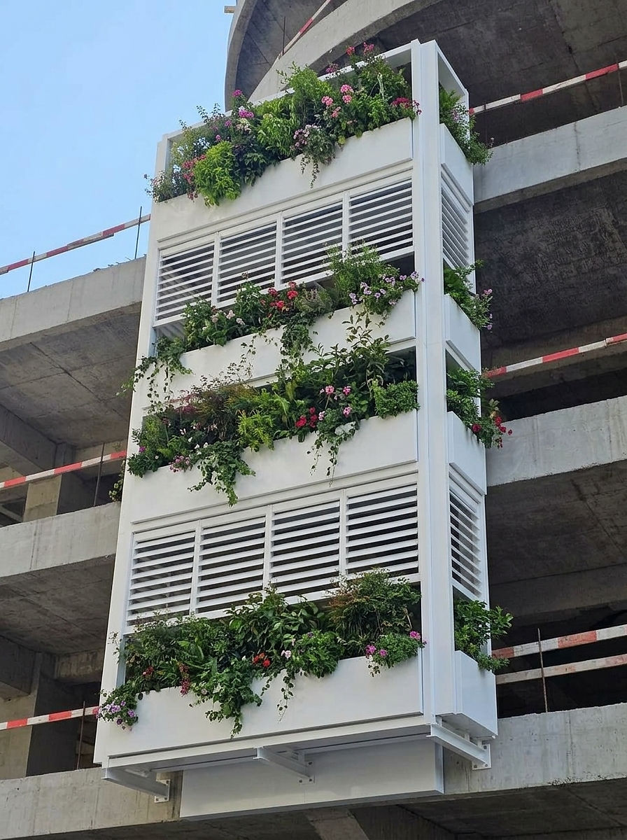 A vertical commercial building panel installation acting as a structural plant wall with cascading greenery against raw concrete floors.