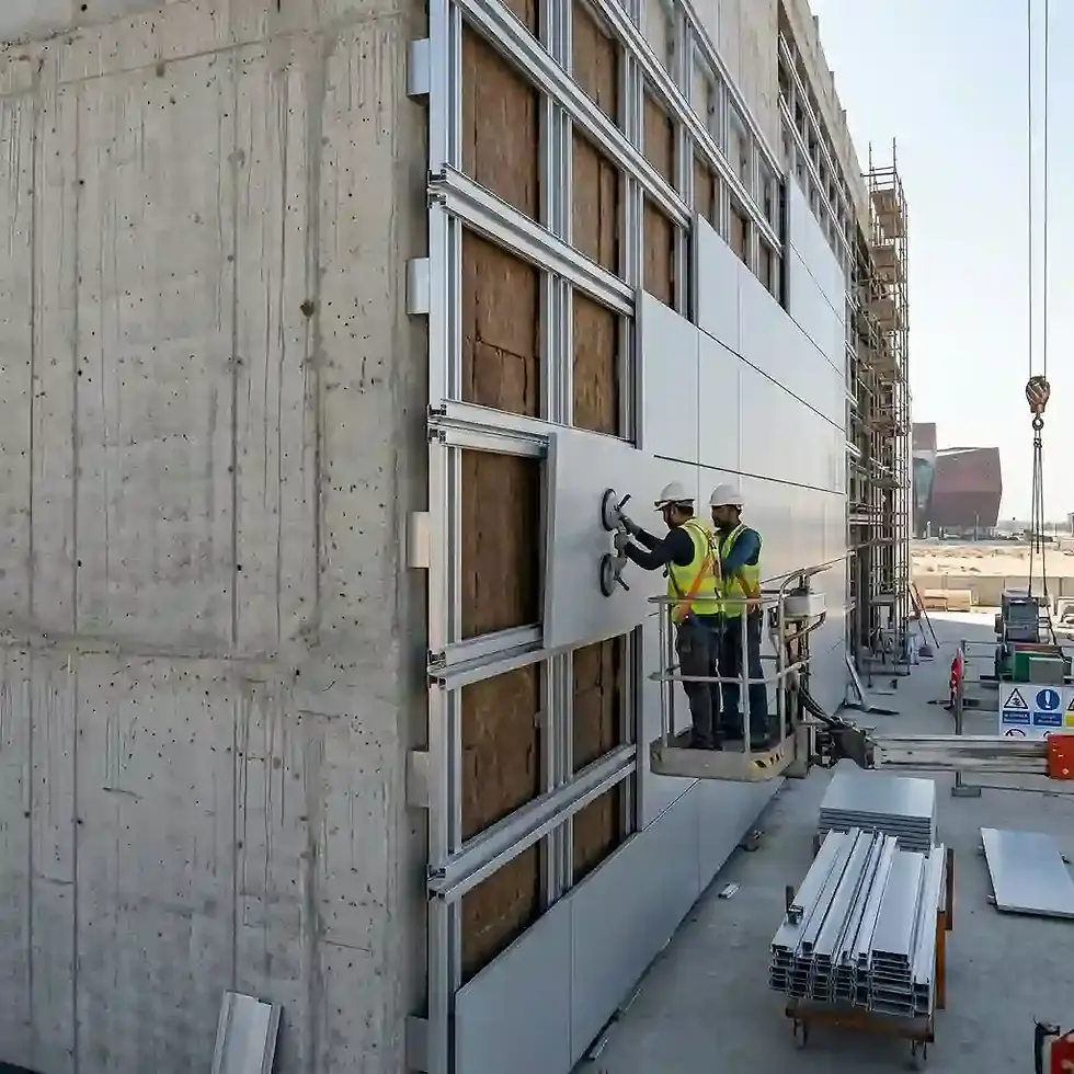 Two workers installing premium slim larg format porcelain cladding