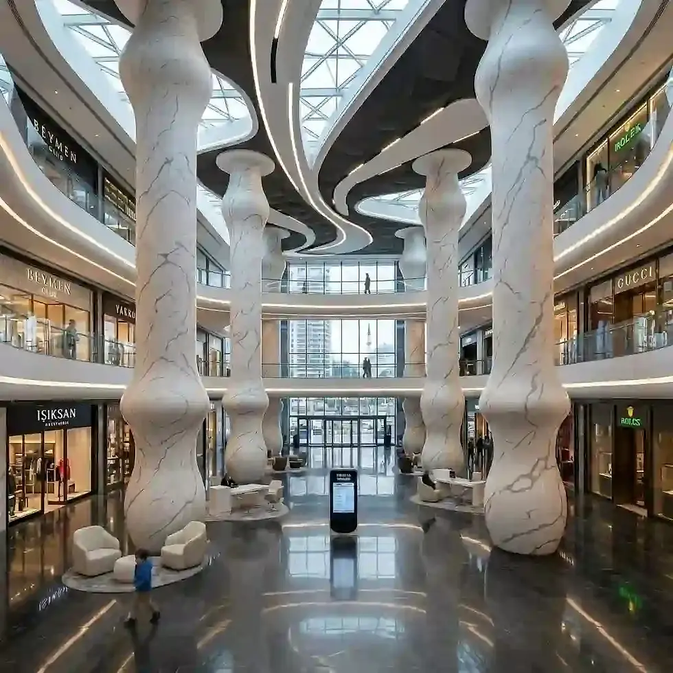 Modern atrium with premium solid surface cladding columns