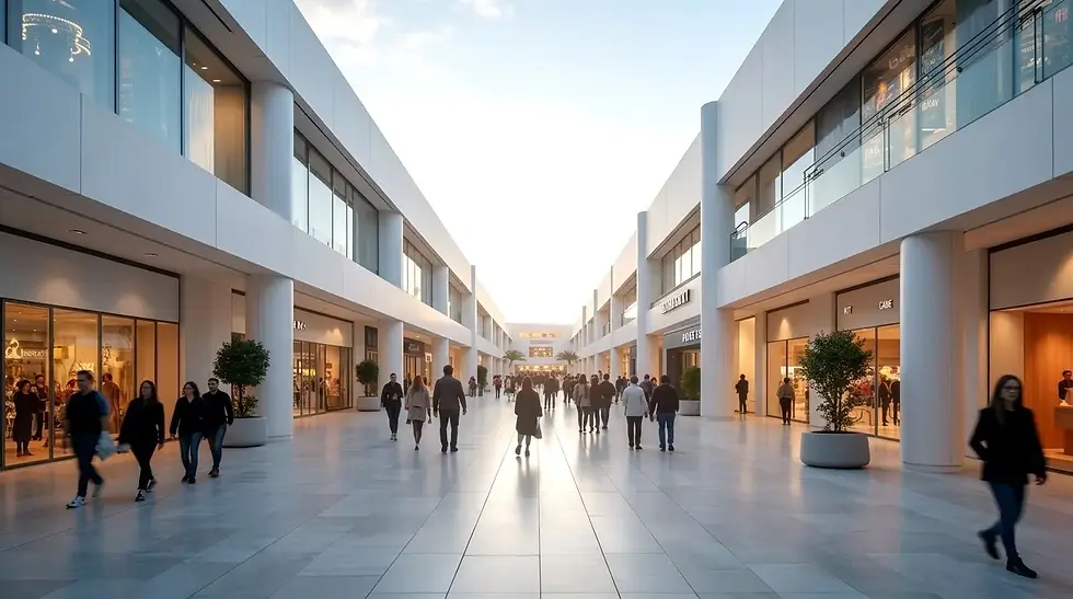High angle view of modern shopping mall exterior featuring solid surface exterior facades