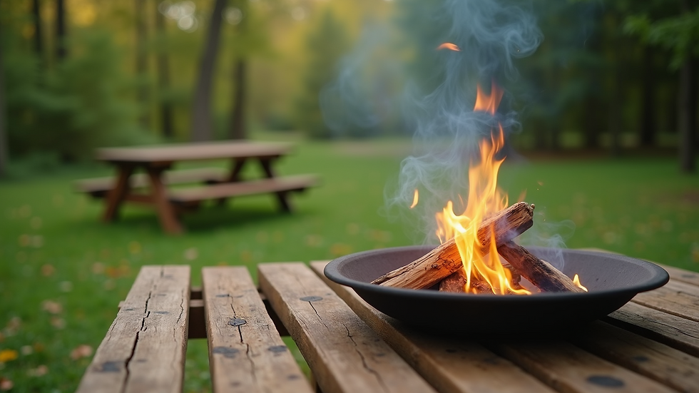 Close-up view of a picnic table with a fire pit and lush greenery around