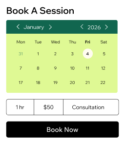 Booking calendar interface showing January 2026 with options for 1-hour consultation at $50 and a Book Now button
