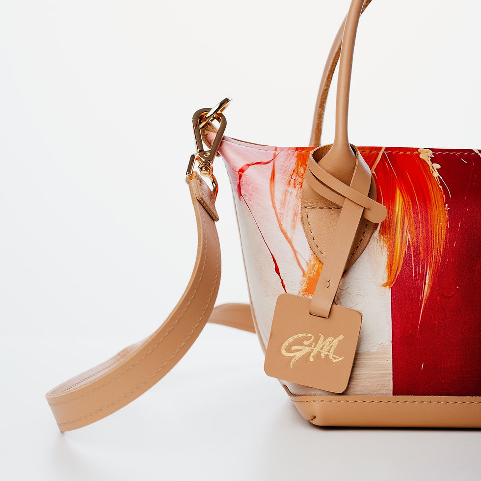 Thumbnail: detail of red beige leather designer handbag