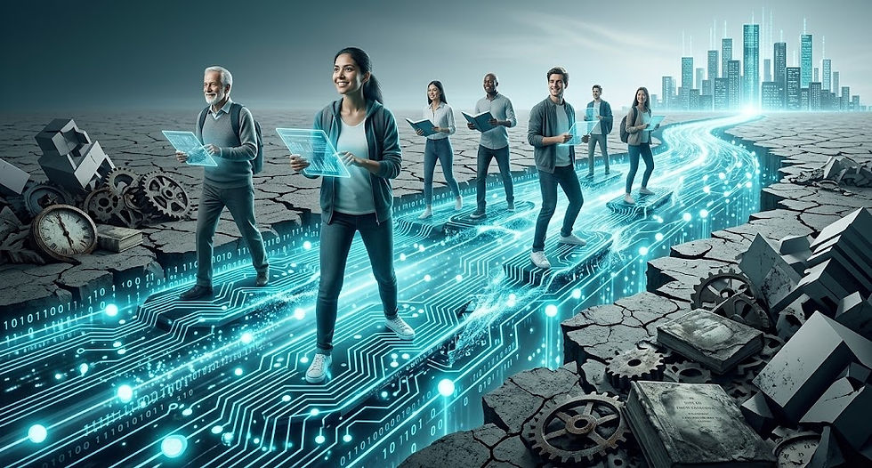 A diverse group of people navigate a futuristic digital pathway, symbolizing the journey through technology and innovation, with a cityscape illuminating the horizon while remnants of the past lie alongside.