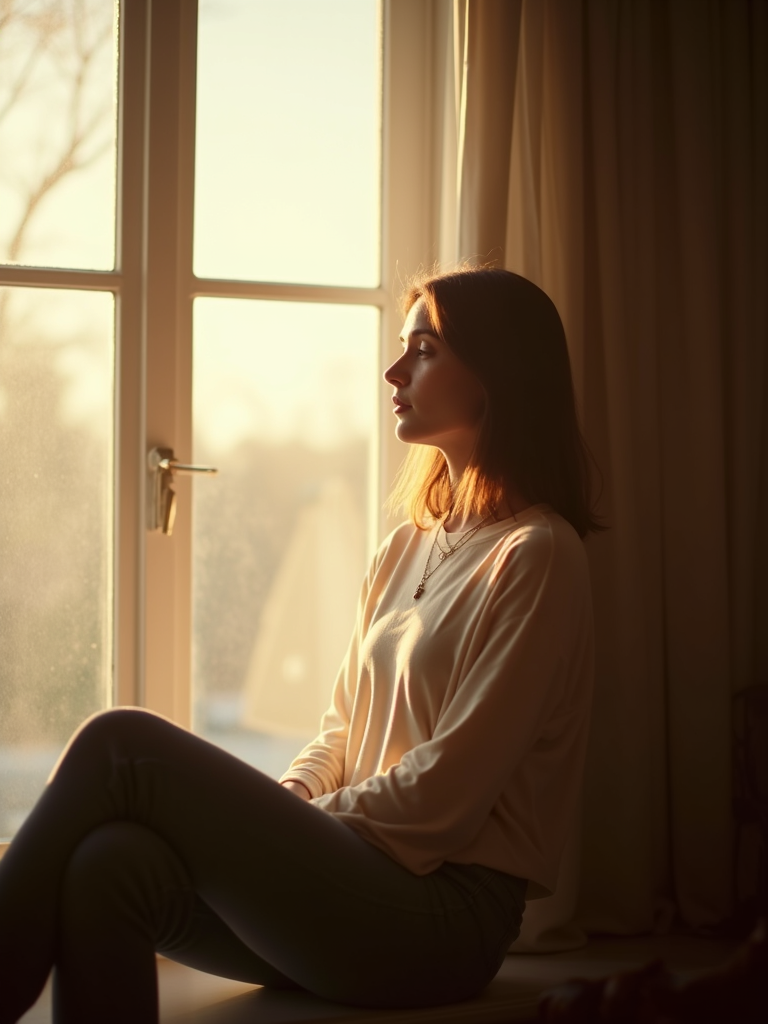 A person sitting by a window, looking disappointed.