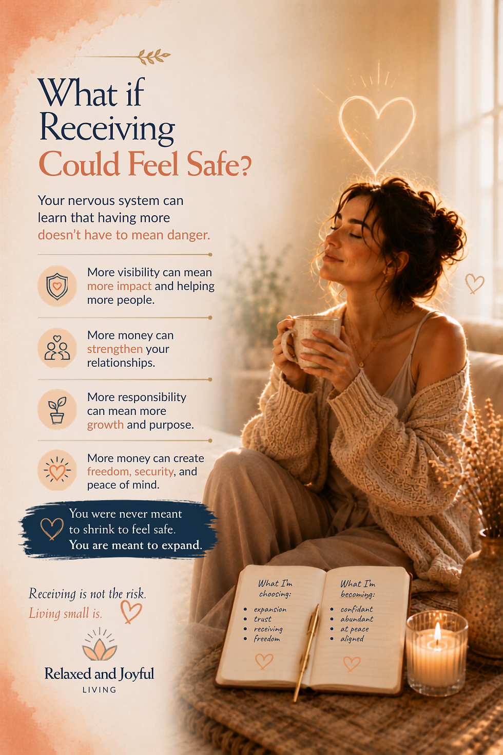 Graphic asking what if receiving could feel safe, with examples of how more money can support impact, relationships, growth, and peace.
