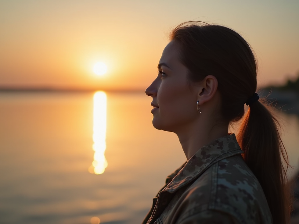 Happy woman enjoying a beautiful sunrise near the water