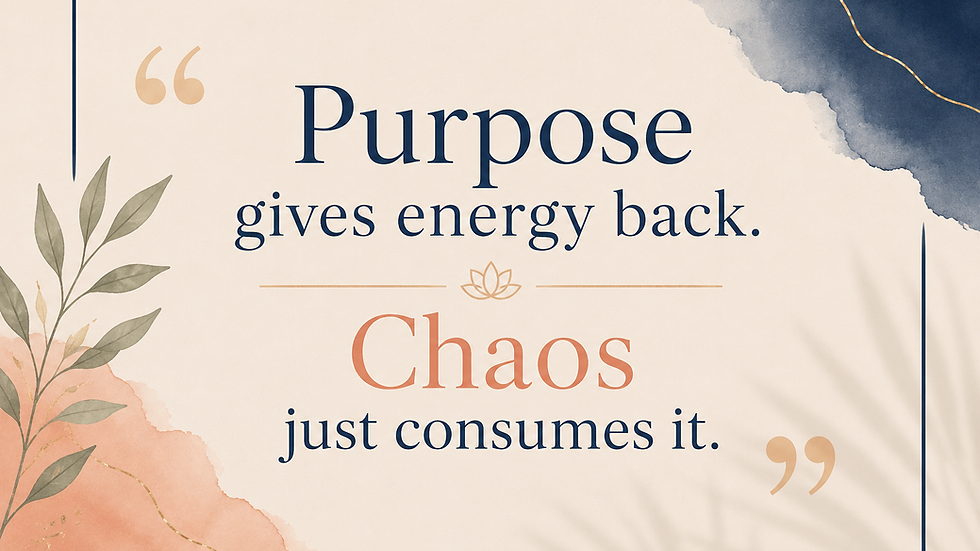 This is a calm background with the words "Purpose gives energy back. Chaos just consumes it"