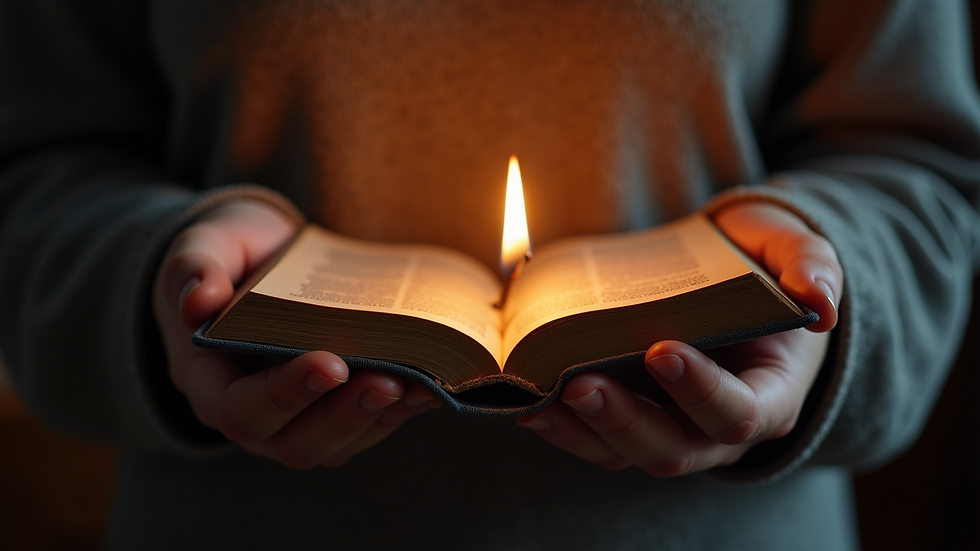 Close-up view of a person holding a worn Bible with a candlelight
