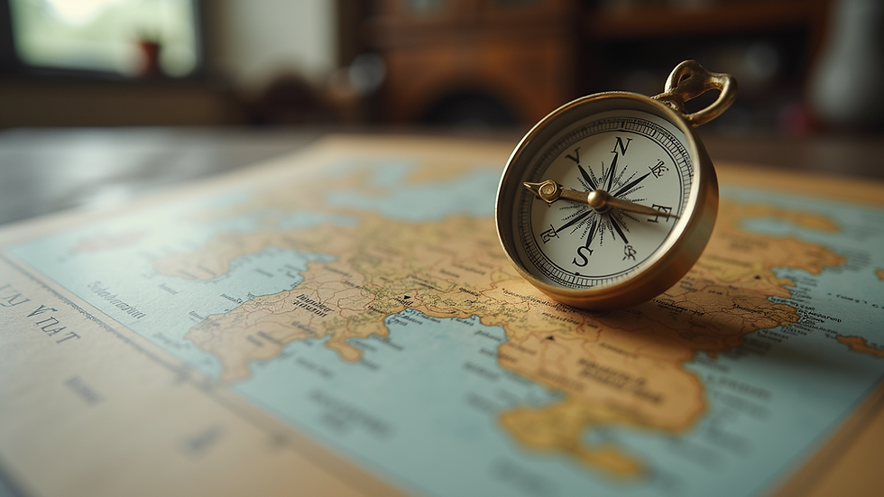 Close-up view of a compass on a map symbolizing purpose and direction