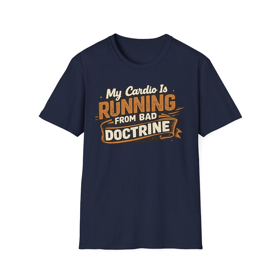 Thumbnail: T-Shirt — "My Cardio Is Running From Bad Doctrine" Christian Humor Tee